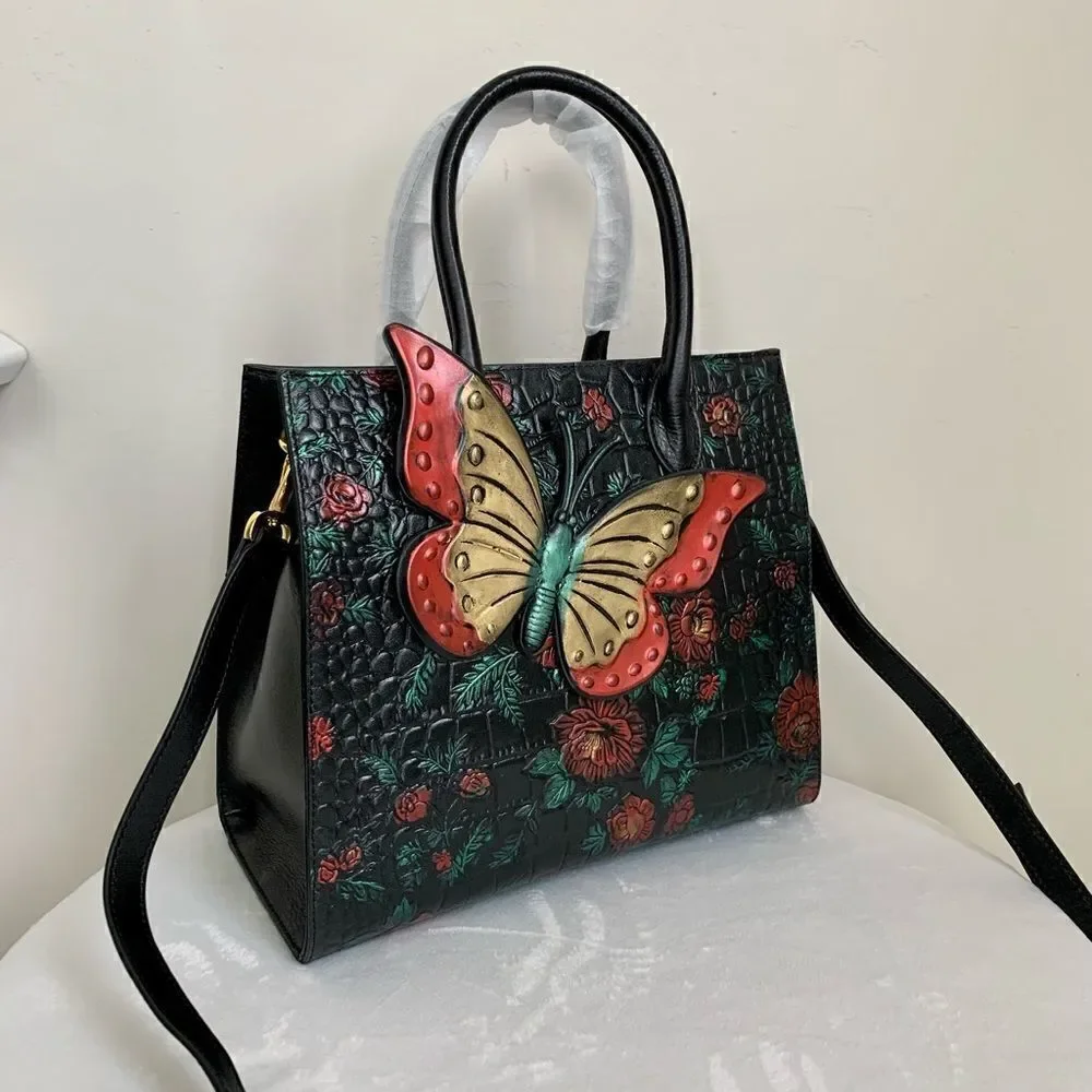 Hand Painted Genuine Leather Floral Embossed with 3D Butterfly Handbag